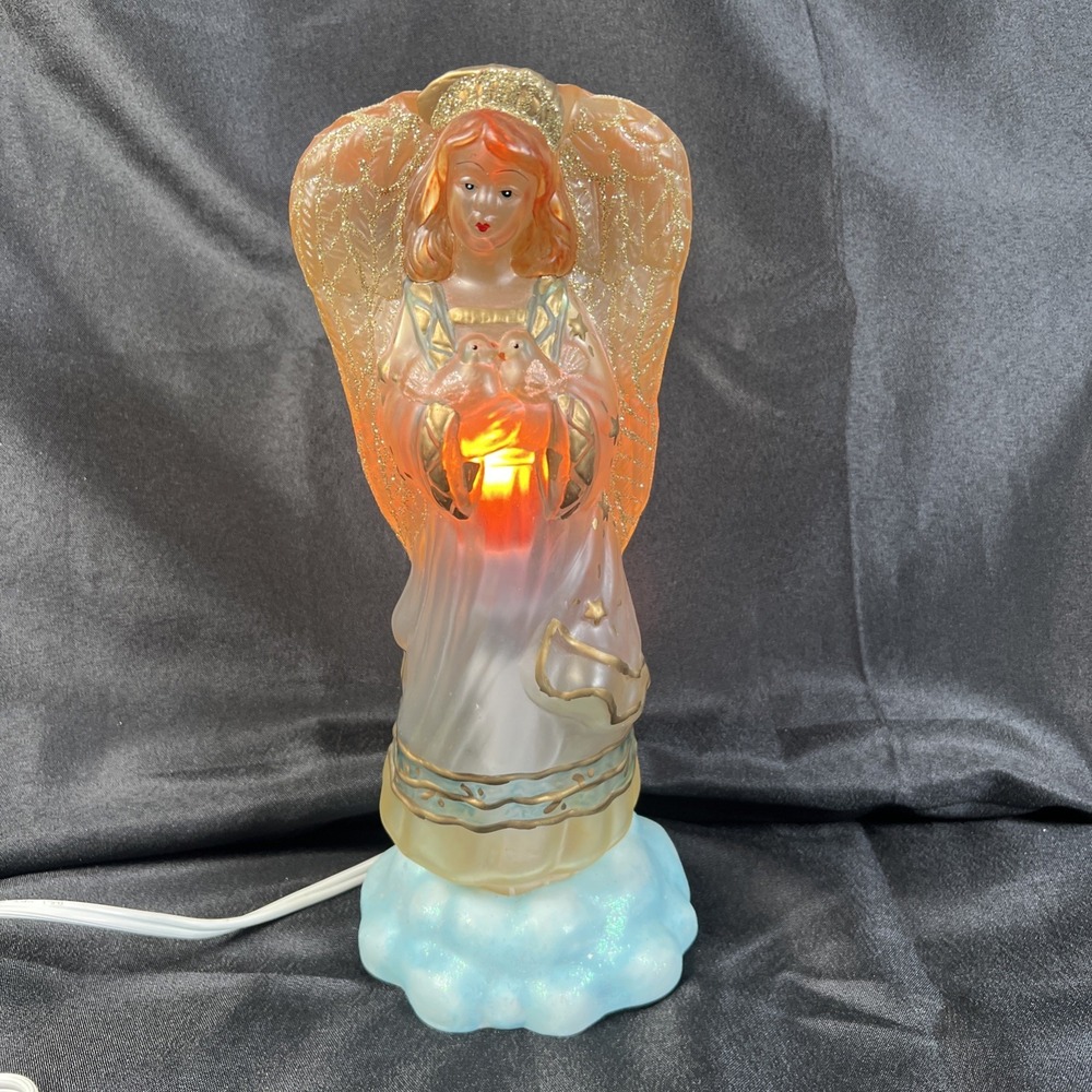 Vintage Light Up Angel Figurine 11" Holding 2 Doves Gold Glitter Wings Plug In